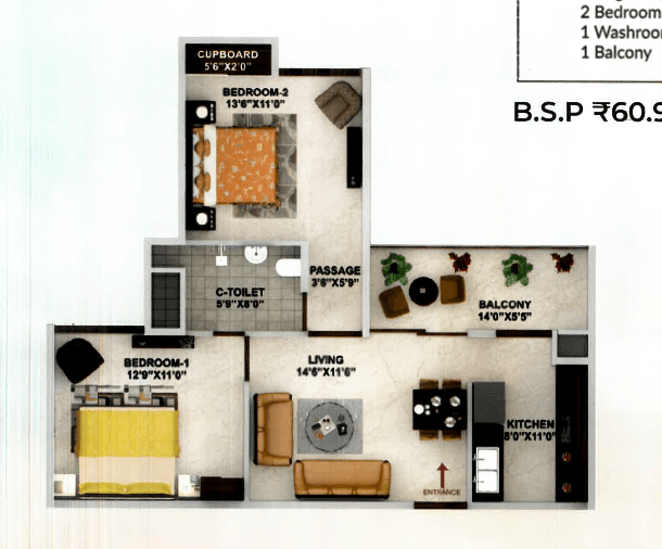 2 BHK Optima floor plan