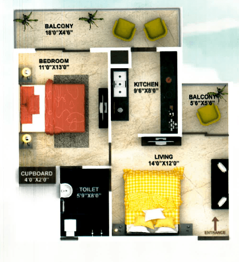 2 BHK Compact floor plan view 2